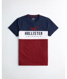 Hollister Navy White And Red Colorblock Applique Logo Graphic Tee